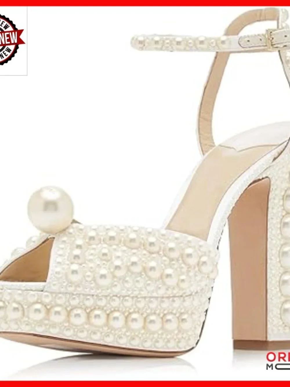 Pearl Platform Heels with Ankle Strap, 4.5 Inch Block Heel, Wedding Sandals
